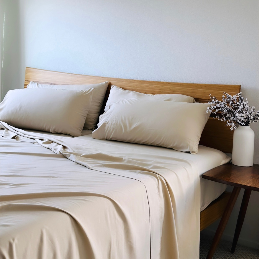 Light beige copper infused bamboo pillowcase set on a bed with a wood headboard.