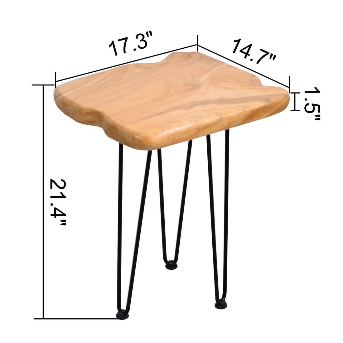 Handmade natural edge wood side table by Blak Hom with black hairpin legs.