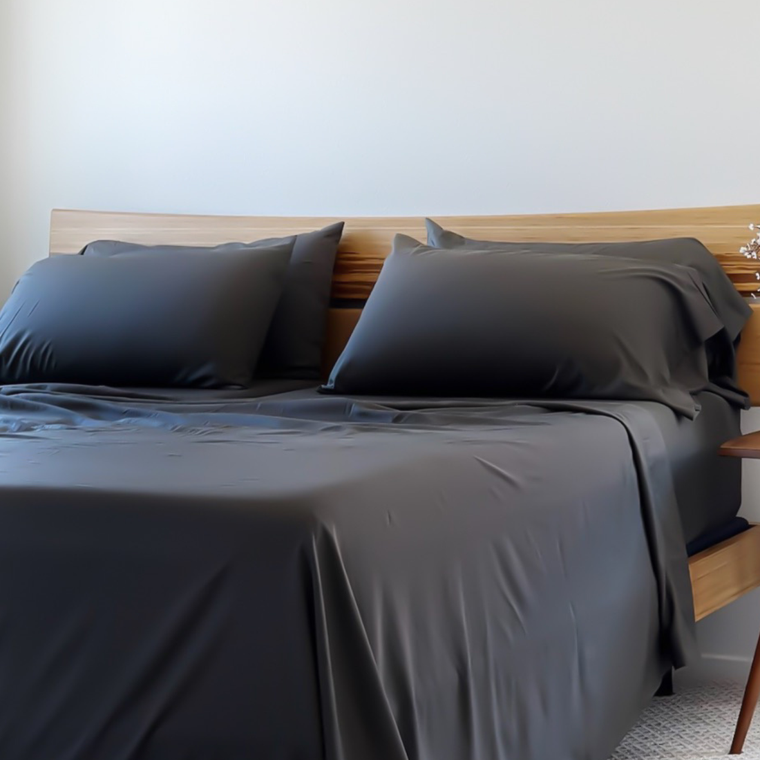 Charcoal gray copper infused bamboo pillowcase set on a wooden bed frame.