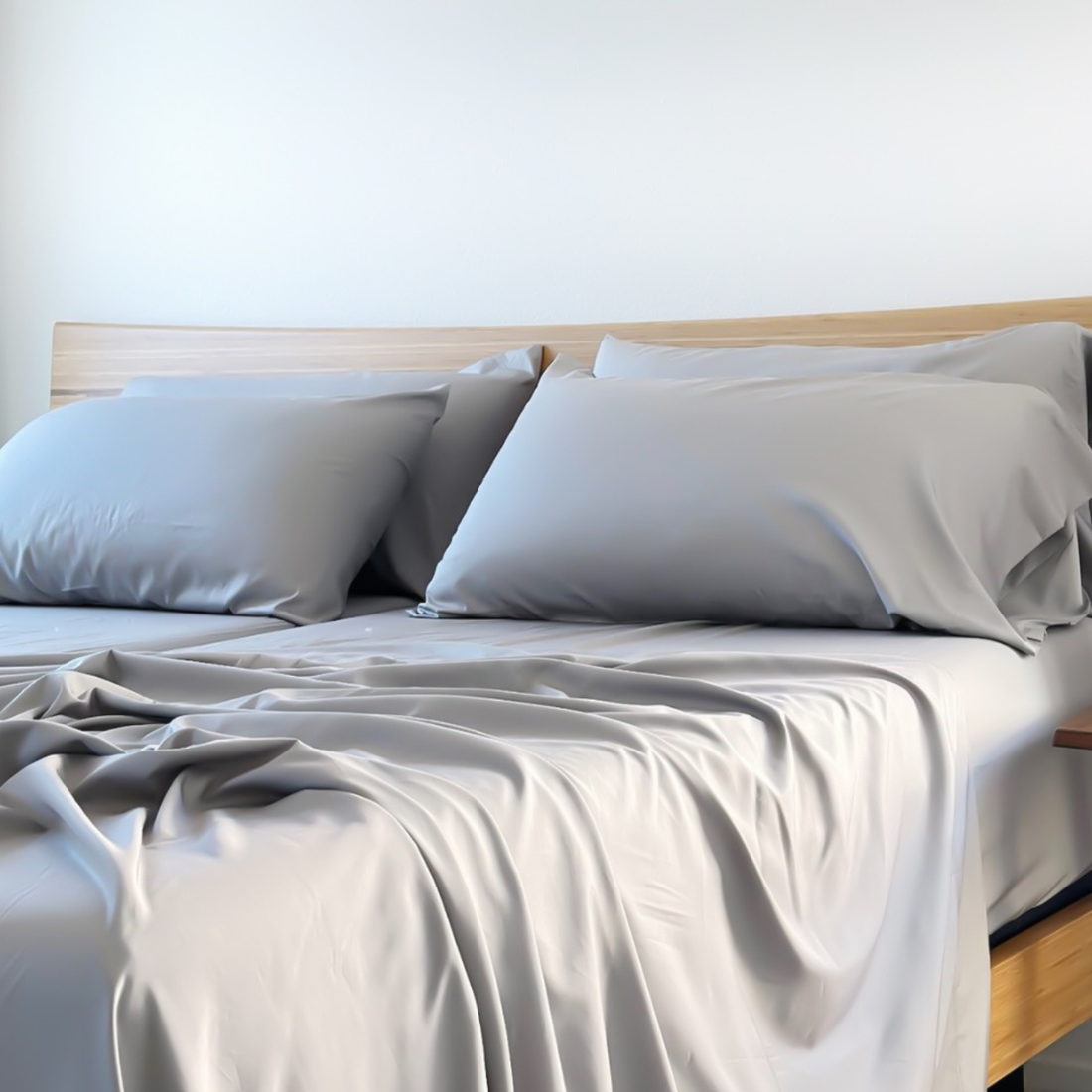Light grey Copper Infused Bamboo Pillowcase Set on a neatly made bed with a wooden headboard.