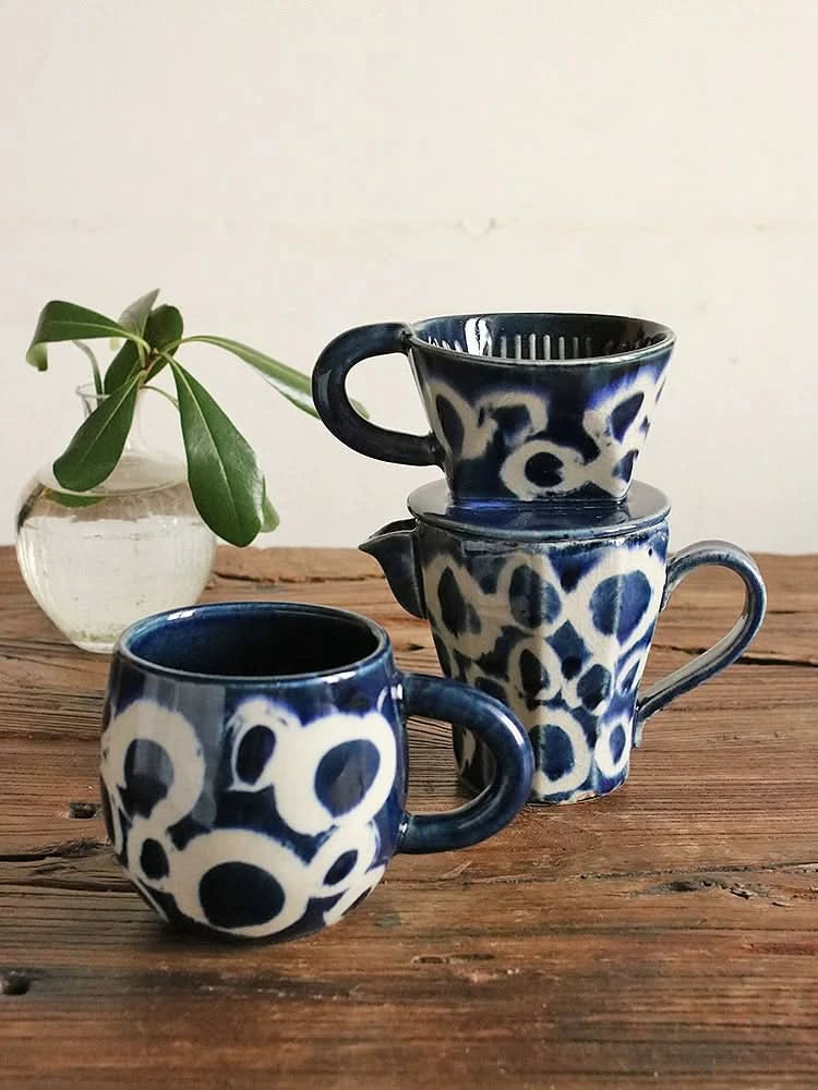 Blue & white ceramic Japanese-style coffee & tea set with dripper, server, and mug.