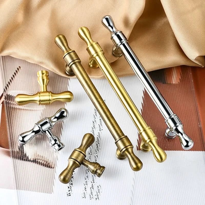 Modern Extended Cabinet Handles in brass and silver finishes, featuring various sizes.