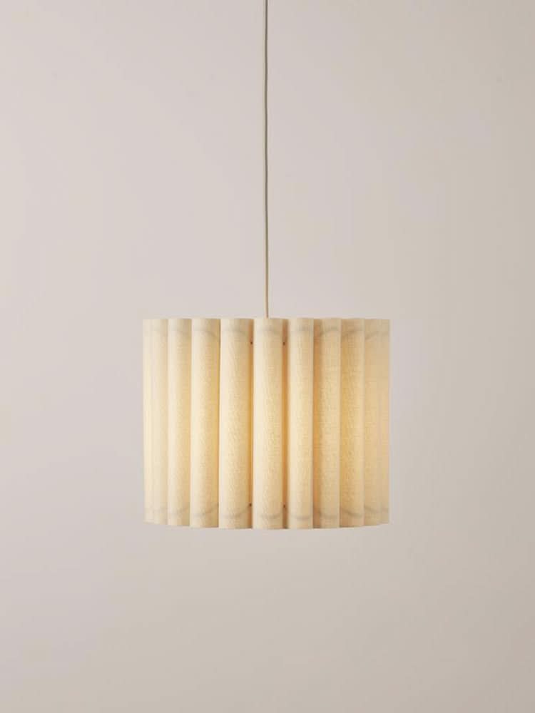Modern Pleated Fabric Pendant Light, beige textured fabric shade, home decor accent.