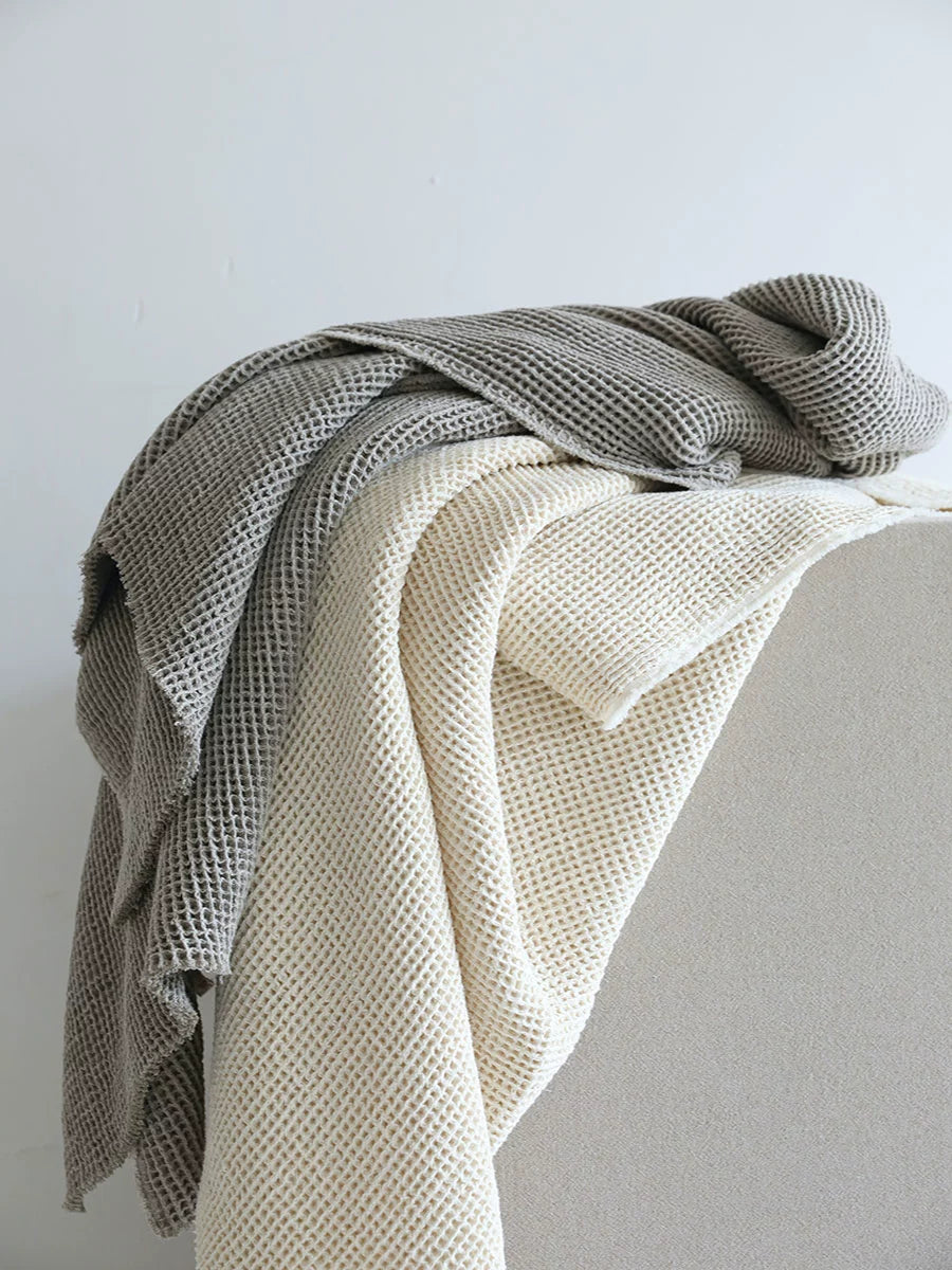 Cozy Waffle Knit Linen Throw Blankets in beige & gray, set of 2.