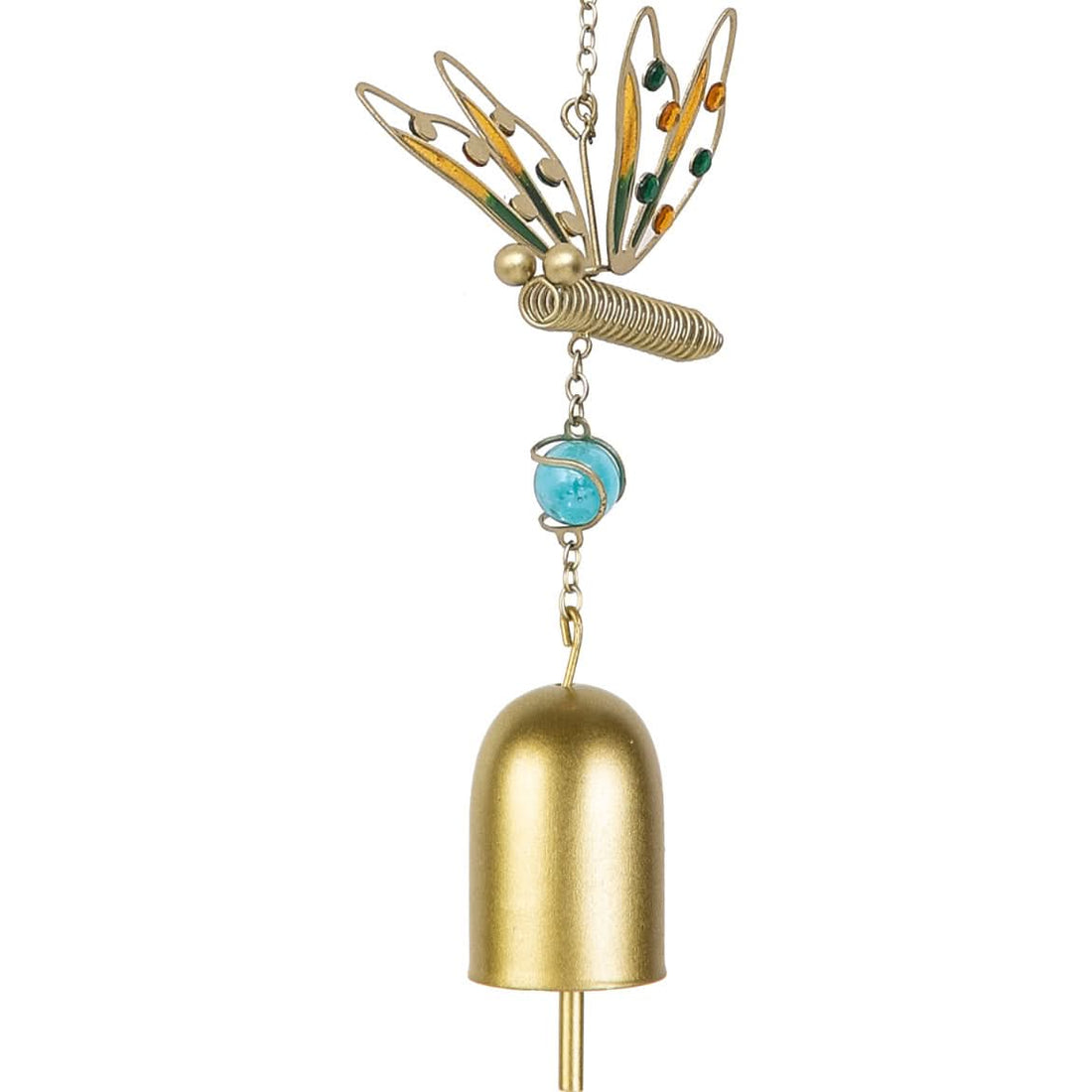 Golden butterfly wind chime with blue bead and bell, home decor accent.