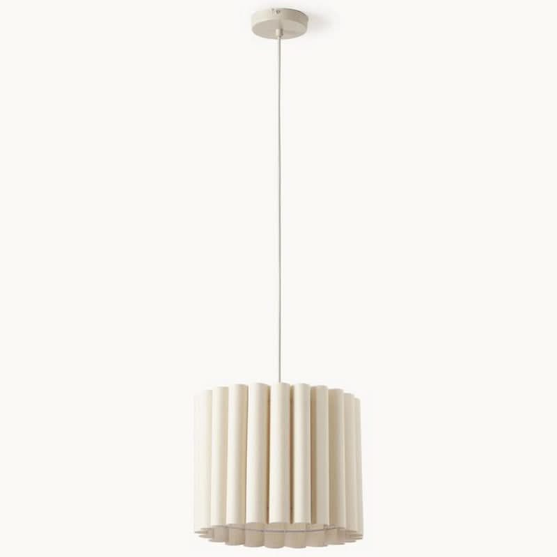 Modern Pleated Fabric Pendant Light in cream, hanging from ceiling.