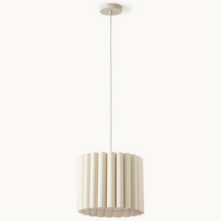 Modern Pleated Fabric Pendant Light in cream, hanging from ceiling.
