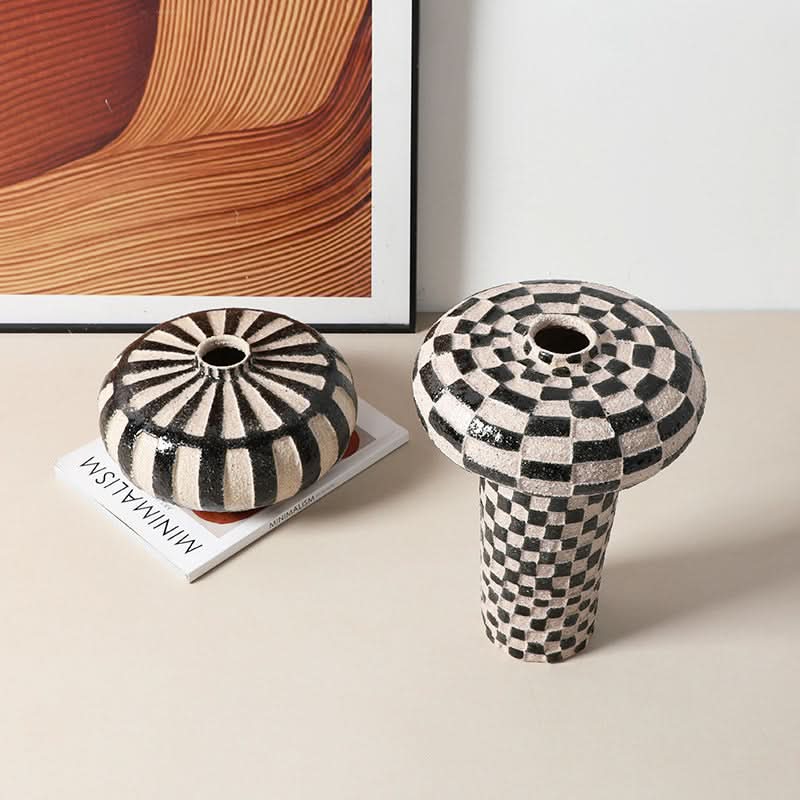 Wabisabi retro handpainted ceramic flower vase with black & white checkerboard pattern.