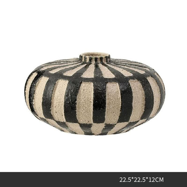 Wabisabi retro handpainted ceramic flower vase with black and beige stripes.