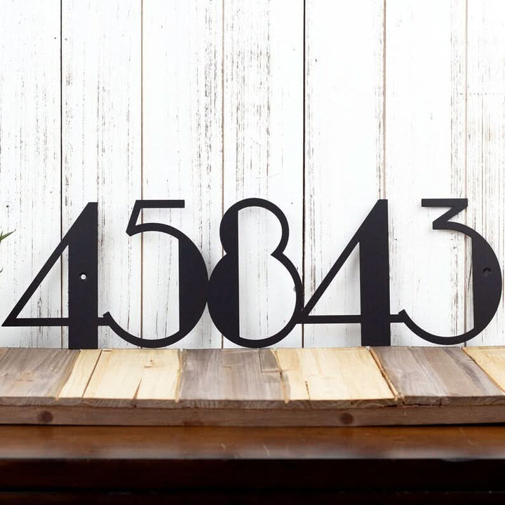 Black metal Mid Century Address Numbers 45843 mounted on rustic wood planks.