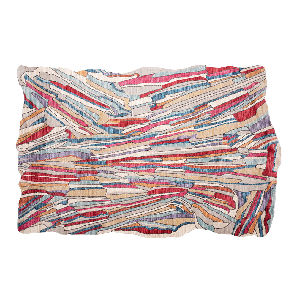 Unique abstract rug with colorful stripes in red, blue, and tan. Fall/Winter living room accent.