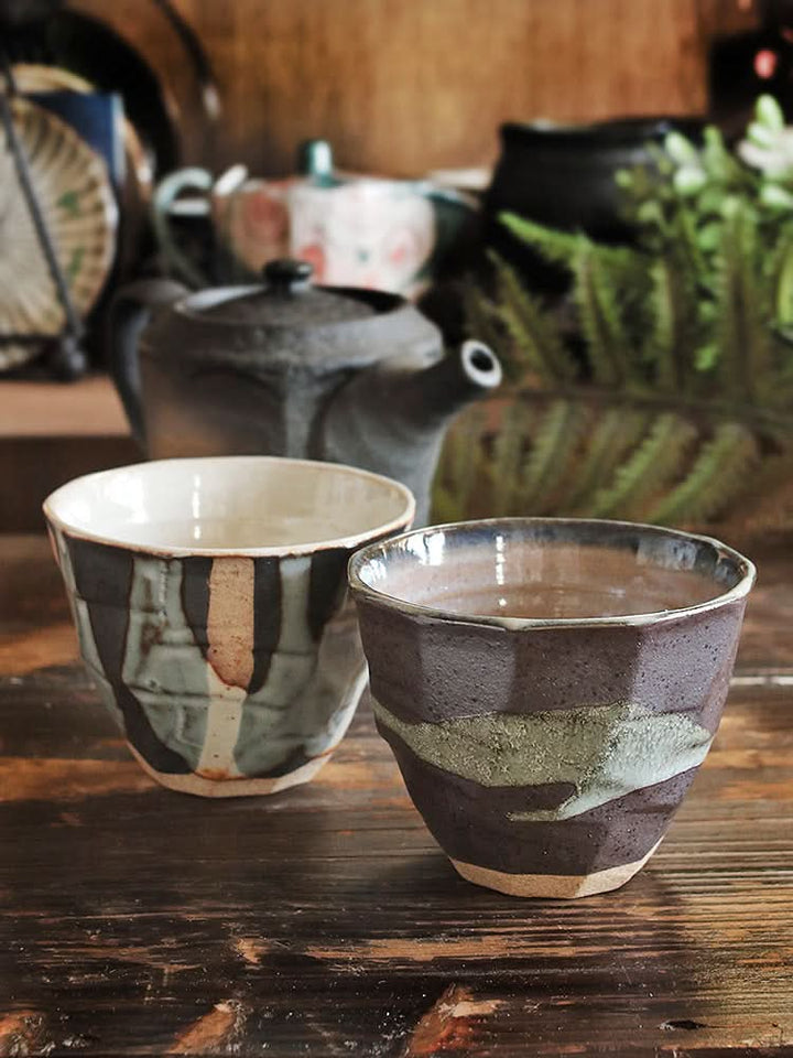 Hand-painted tea cups with earthy tones, perfect for autumn & winter home decor.