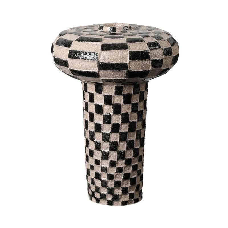 Wabisabi retro handpainted ceramic vase with checkerboard pattern on white background
