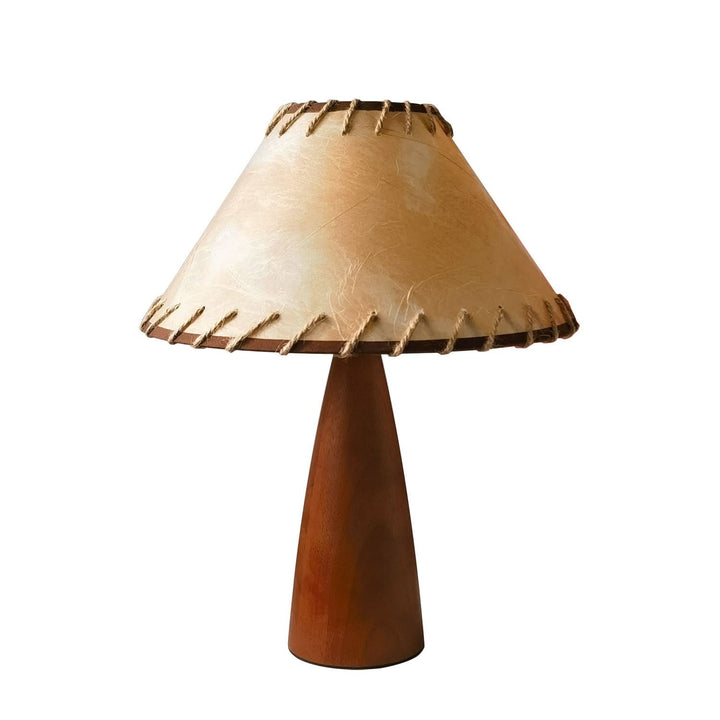 Wood Mid Century Table Lamp with natural fiber shade and rope trim on white background.