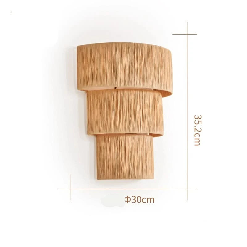 Natural Raffia Wall Sconce Light, tiered textured lampshade, warm beige tones, home decor accent.