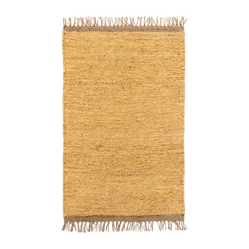 Natural jute rug with rustic weave and fringe accents.