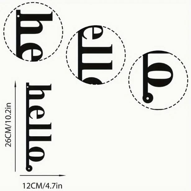 Black metal entry door sign with "hello" text and circular letter accents.