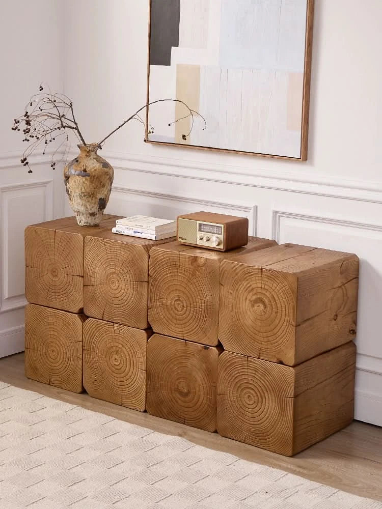 Rustic wooden log cube side table, Wabi-Sabi style, natural wood grain.