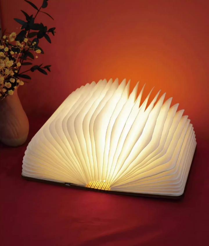 Warm light glows from a Customizable Book Paper Table Lamp, open on a red surface.