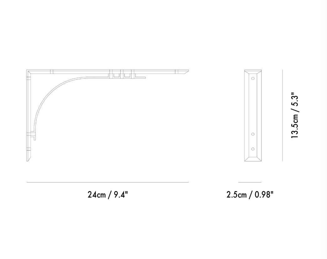 Line drawing of a decorative brass shelf bracket with dimensions.