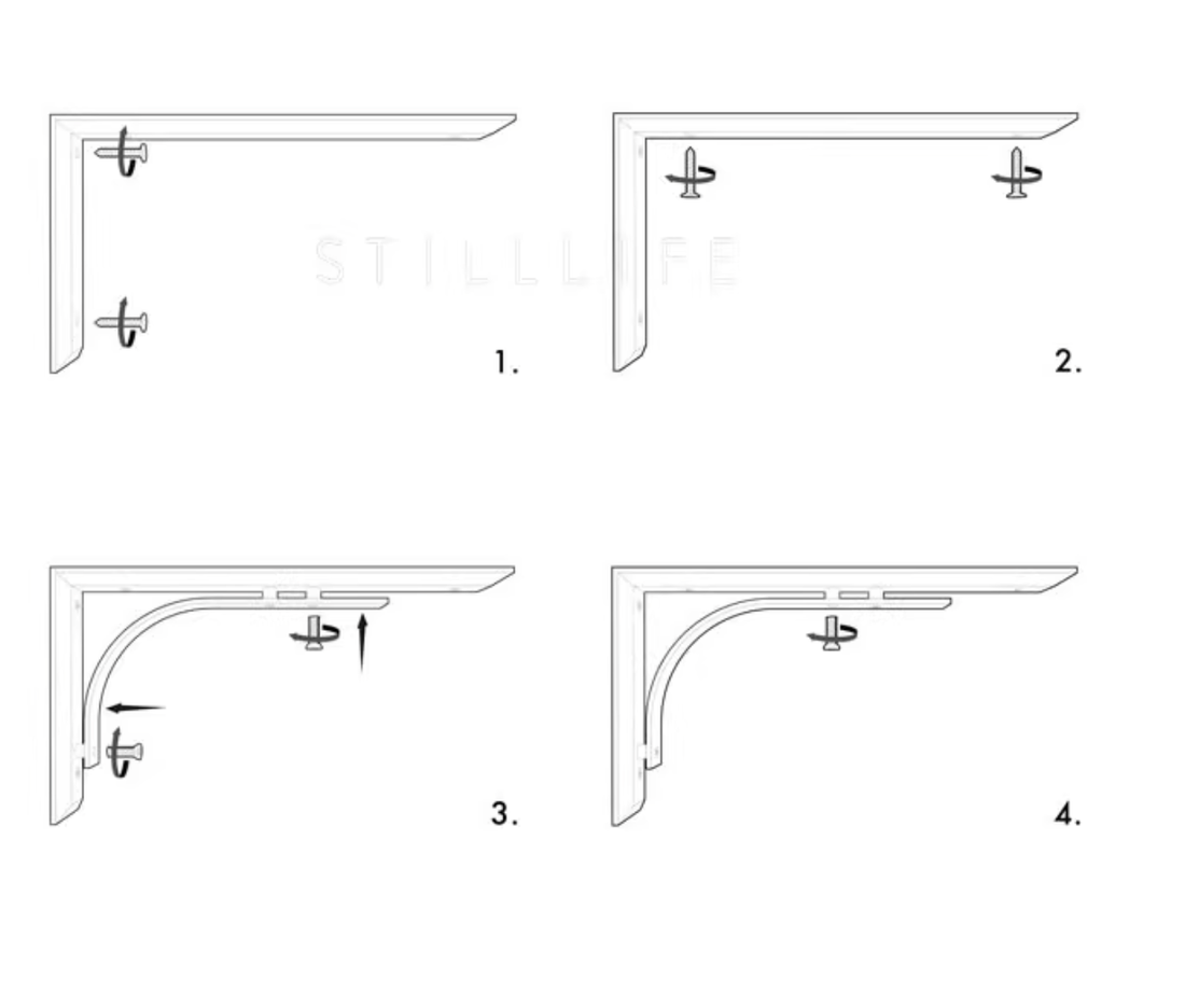 Line drawing showing installation steps for a brass shelf bracket.