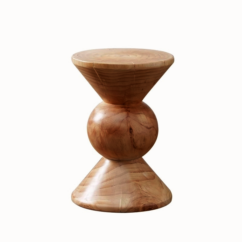 Walnut painted solid wood stool with a unique hourglass shape on a white background.