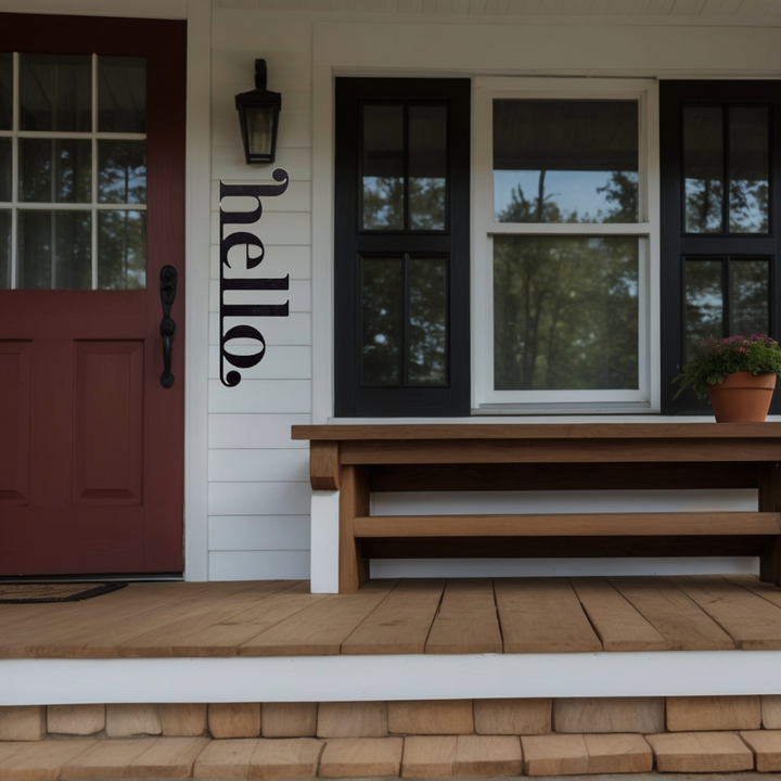 Black metal entry door sign with "hello" text on a white house exterior.