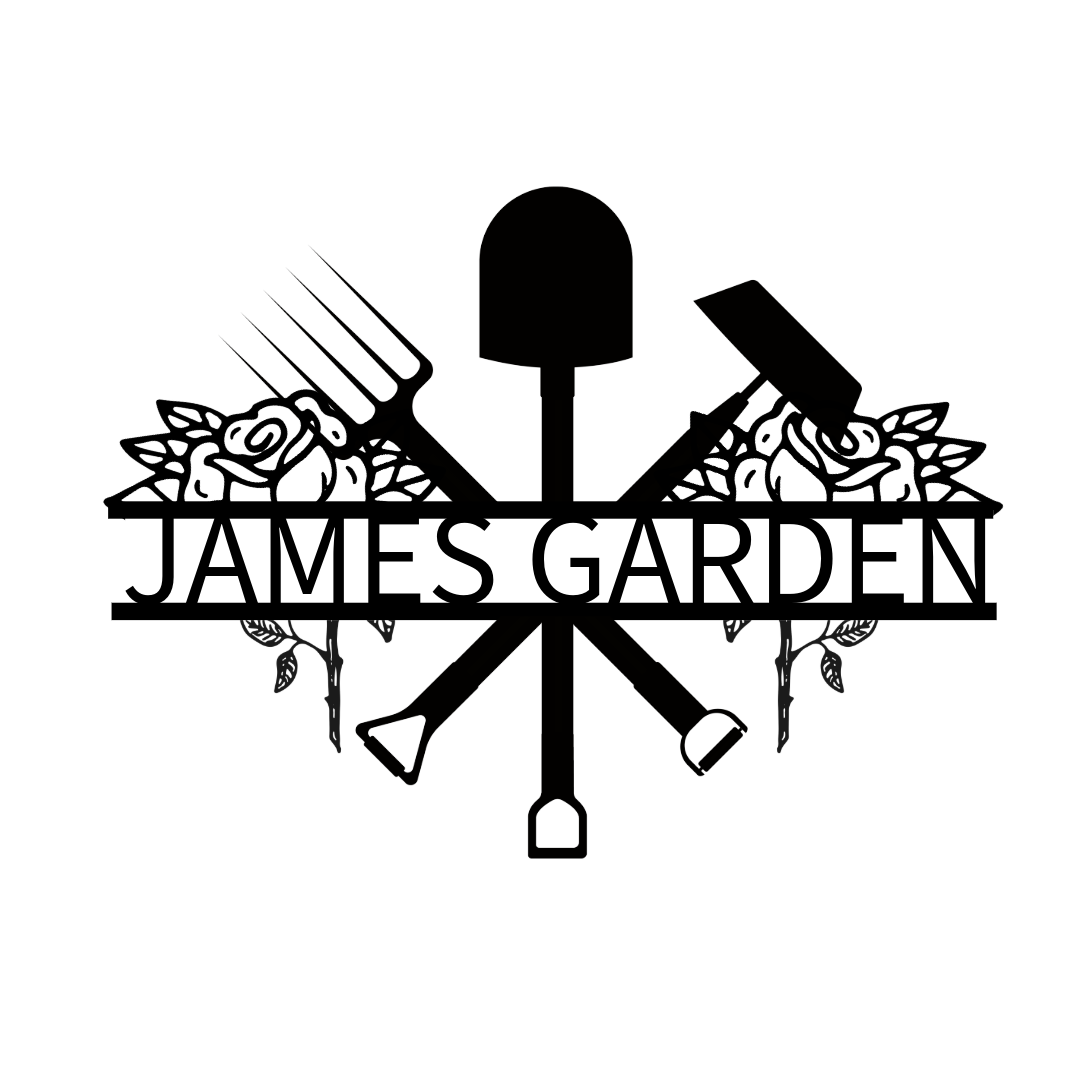 Personalized Garden Metal Sign: Black metal art with garden tools & roses, reading "James Garden."