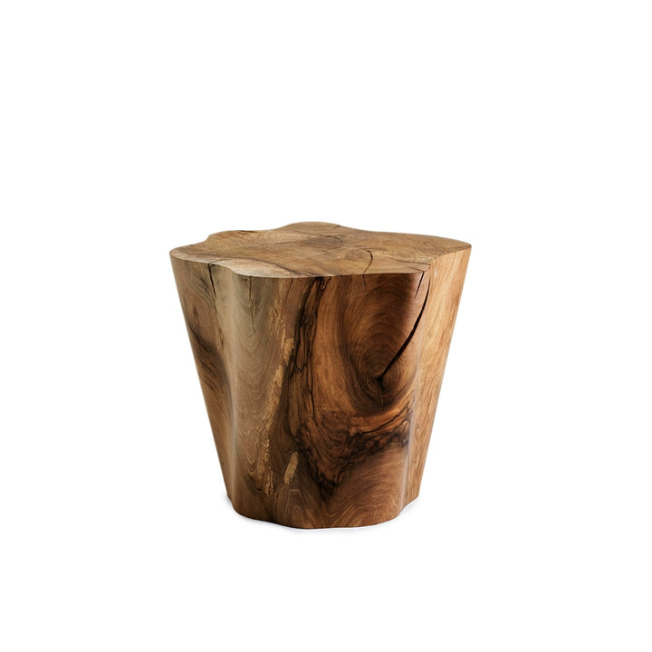 Natural wood log side table, rustic coffee table with unique wooden furniture grain.