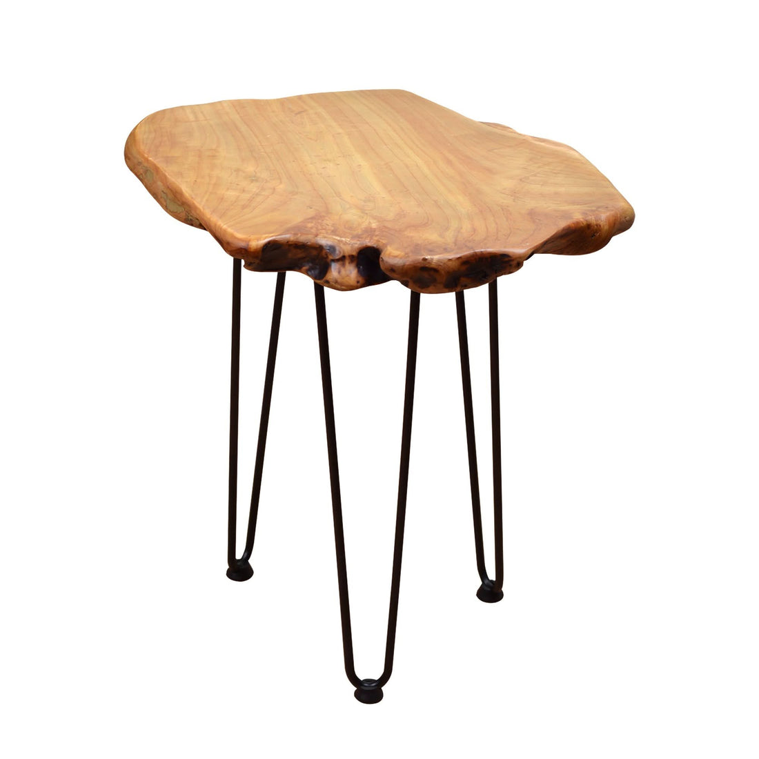 Hand made natural edge solid wood side table by Blak Hom with dark metal hairpin legs.