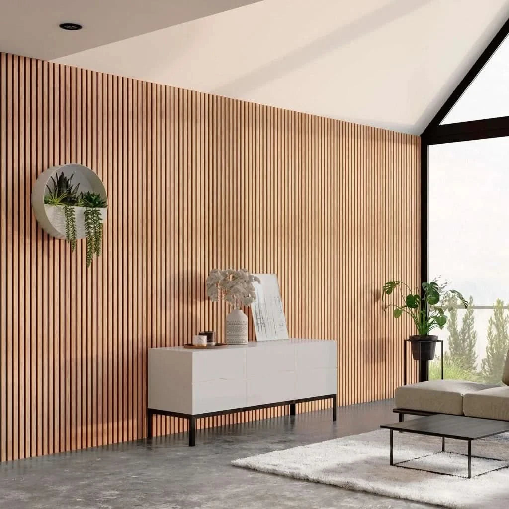 Natural White Oak wood slat wall paneling creates a warm, modern accent in this living space.