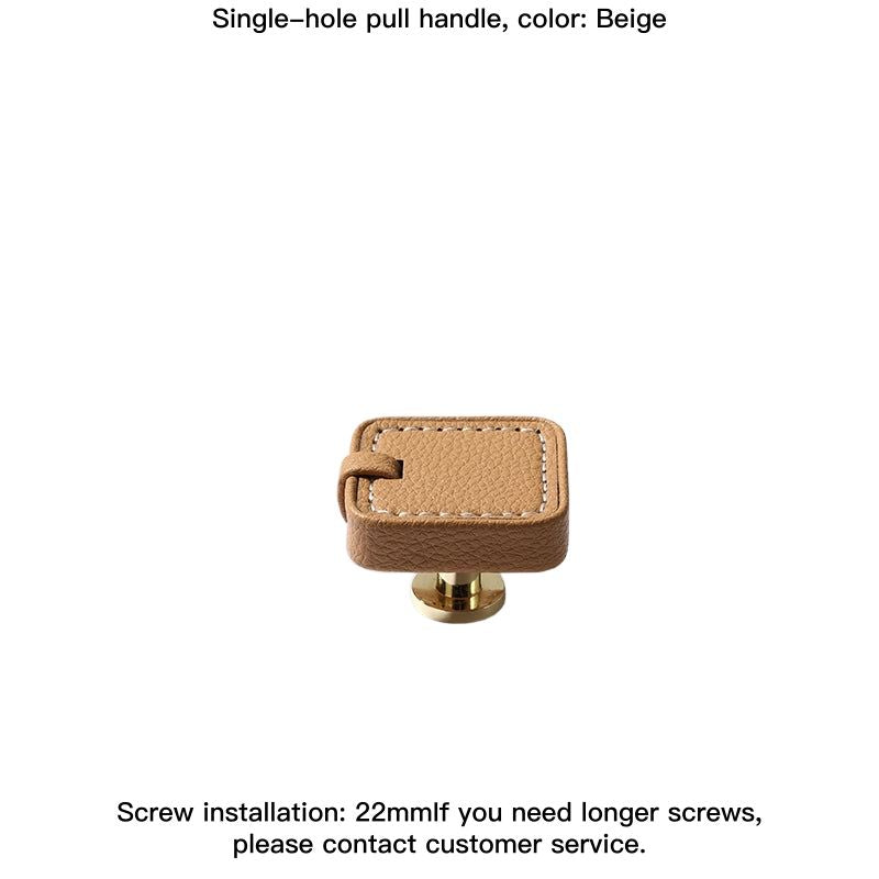 Beige leather square decorative drawer pull with gold base. Home Decor.