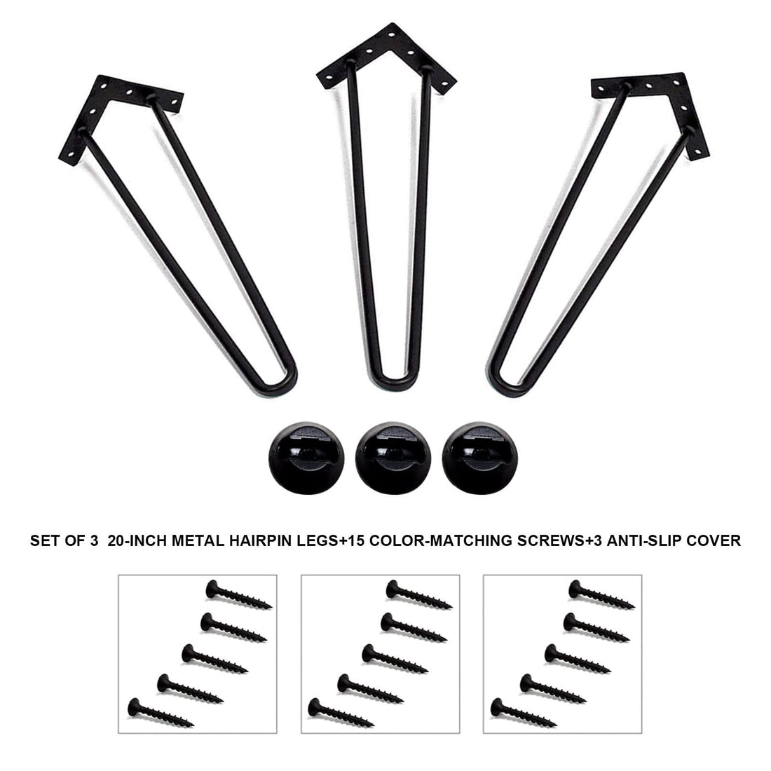 Black metal hairpin legs set with screws & anti-slip covers, for Blak Hom side tables.