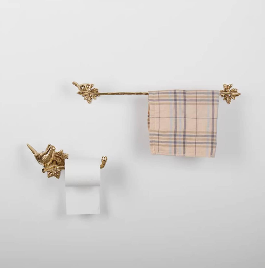 Brass Bird Bathroom Set: gold towel rack with plaid towel & toilet paper holder.