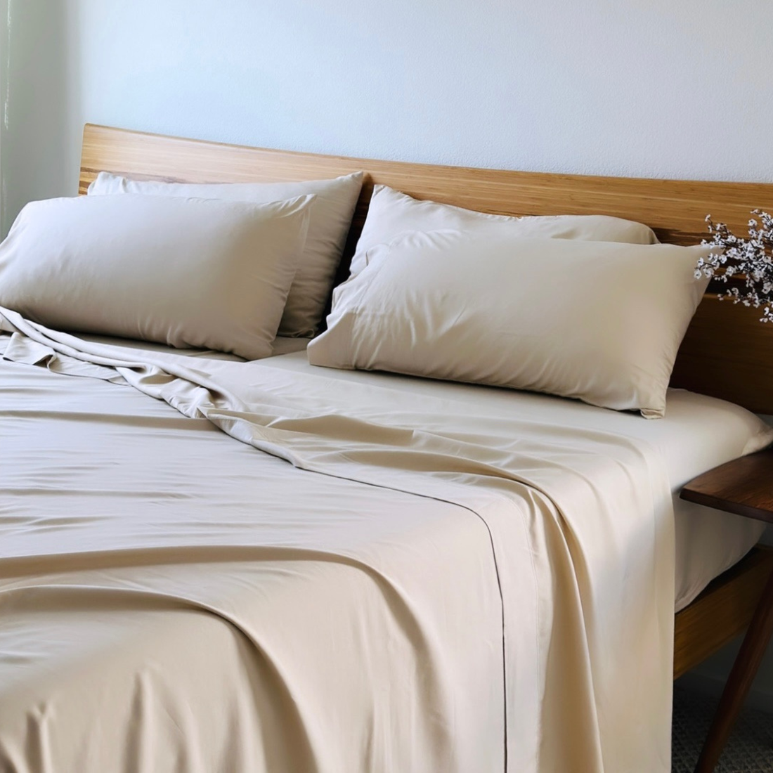 Neutral beige Copper Infused Bamboo Pillowcase Set on a bed with a wooden headboard.