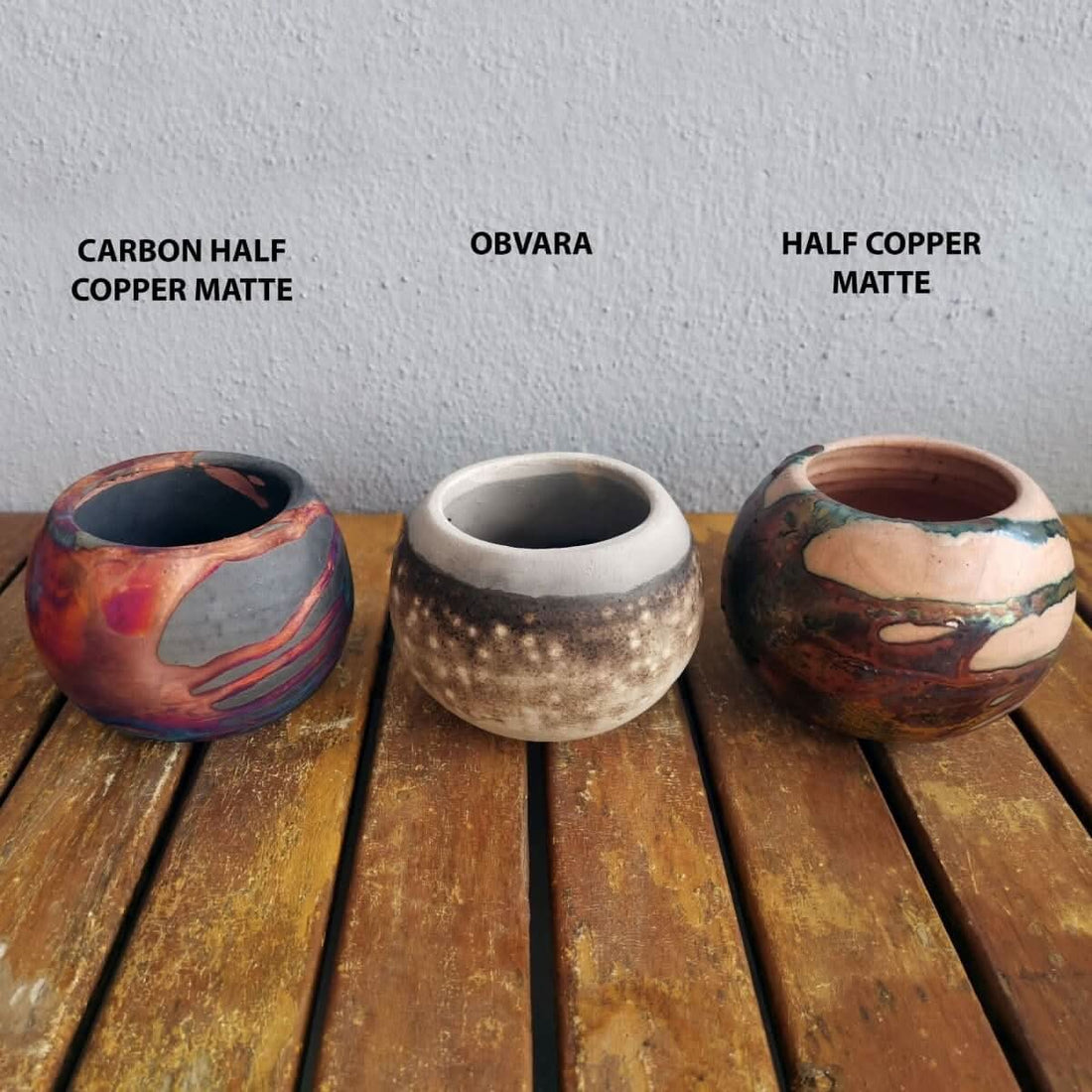 Tsuchi Ceramic Raku Pottery Planter Pots (Set of 3) in mixed finishes: Carbon Half Copper Matte, Obvara, Half Copper Matte.