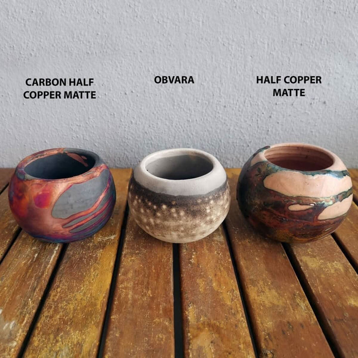 Tsuchi Ceramic Raku Pottery Planter Pots (Set of 3) in mixed finishes: Carbon Half Copper Matte, Obvara, Half Copper Matte.
