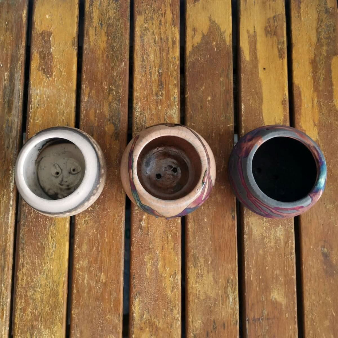 Tsuchi Ceramic Raku Pottery Planter Pots Set of 3 by RAAQUU on wood.