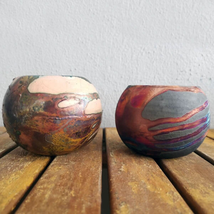 Tsuchi Ceramic Raku Pottery Planter Pots (Set of 2) by RAAQUU, mixed finish, home decor