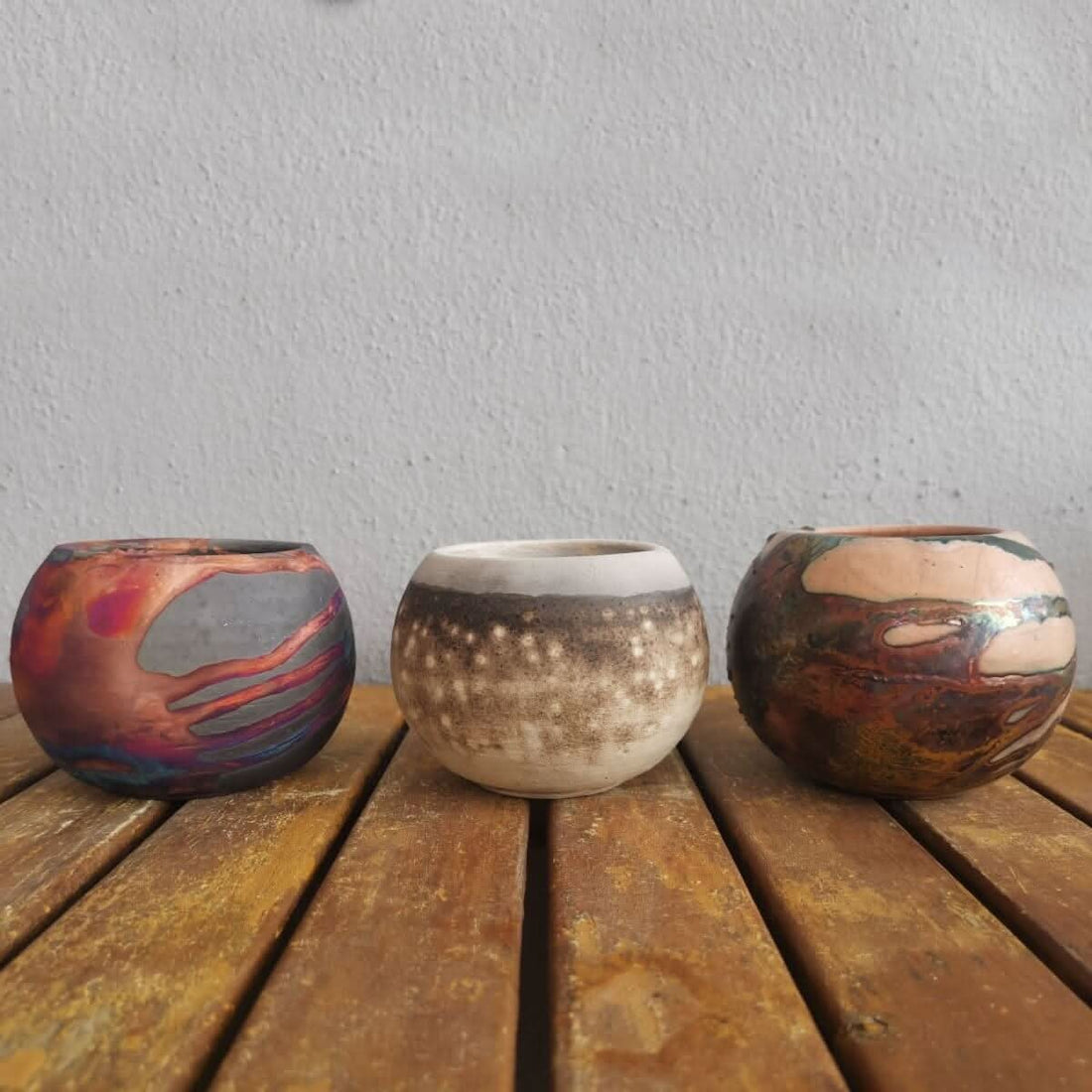 Tsuchi Ceramic Raku Pottery Planter Pot Mixed Finish Set of 3 by RAAQUU, showing varied earthy tones.