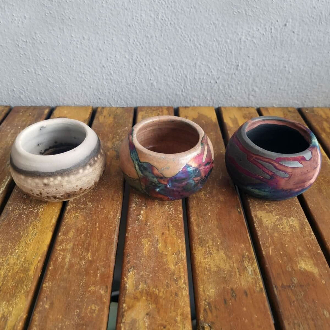 Tsuchi Ceramic Raku Pottery Planter Pots Set of 3 by RAAQUU, mixed finishes
