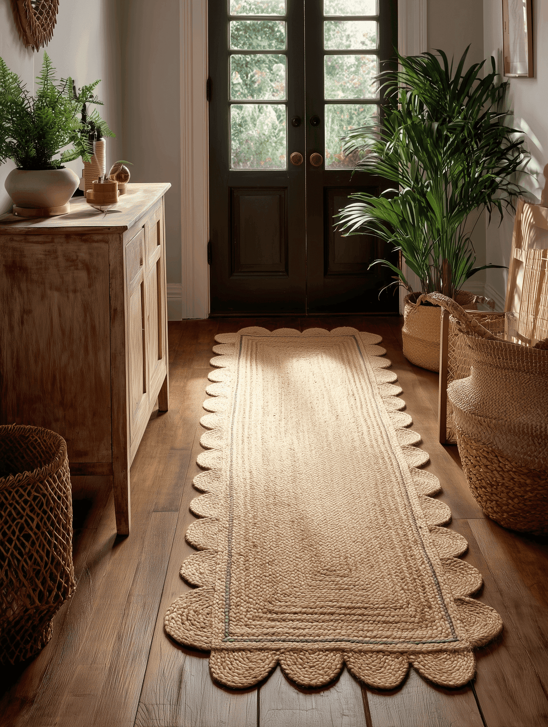 Natural jute scalloped rug runner on wooden floor with plants and rustic cabinet
