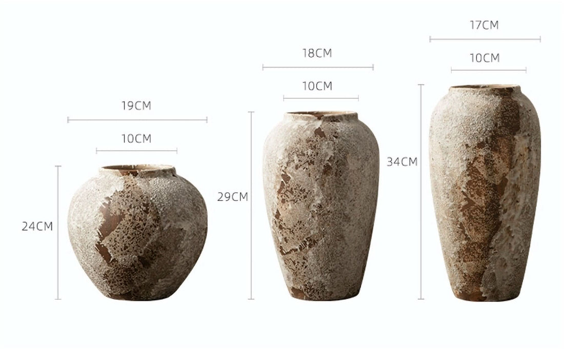 Antique effect ceramic vase trio, textured stoneware, rustic farmhouse boho ethnic home decor.