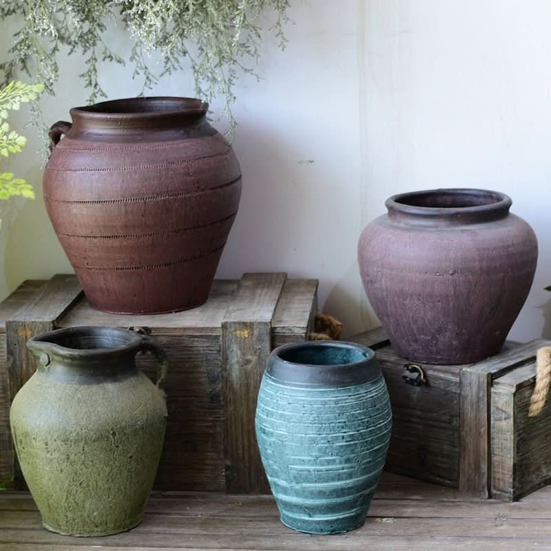 Antique looking clay black vase, textured stoneware rustic farmhouse boho ethnic decor.