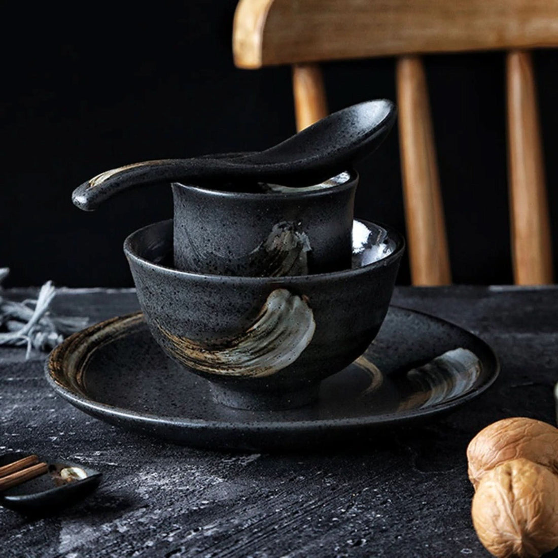 Rustic black ceramic bowl with free spoon. Japanese rustic dinnerware, 4.3" x 2.4".