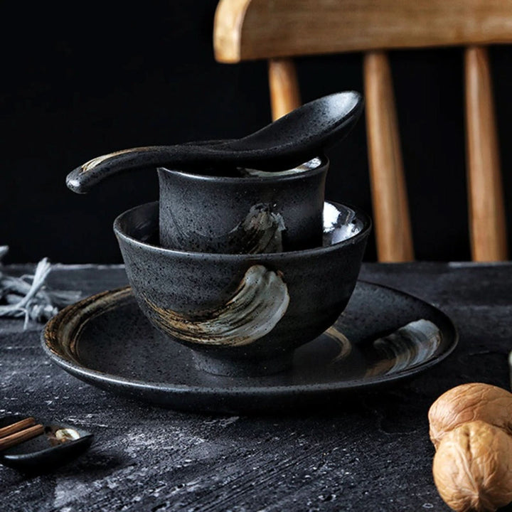 Rustic black ceramic bowl with free spoon. Japanese rustic dinnerware, 4.3" x 2.4".