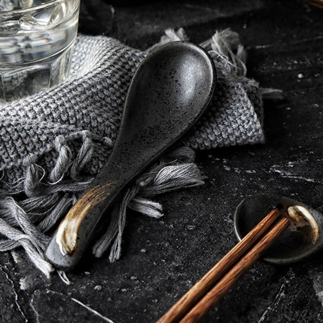 Rustic black ceramic bowl with spoon & chopsticks, 4.3"x2.4", Japanese Nordic style dinnerware.