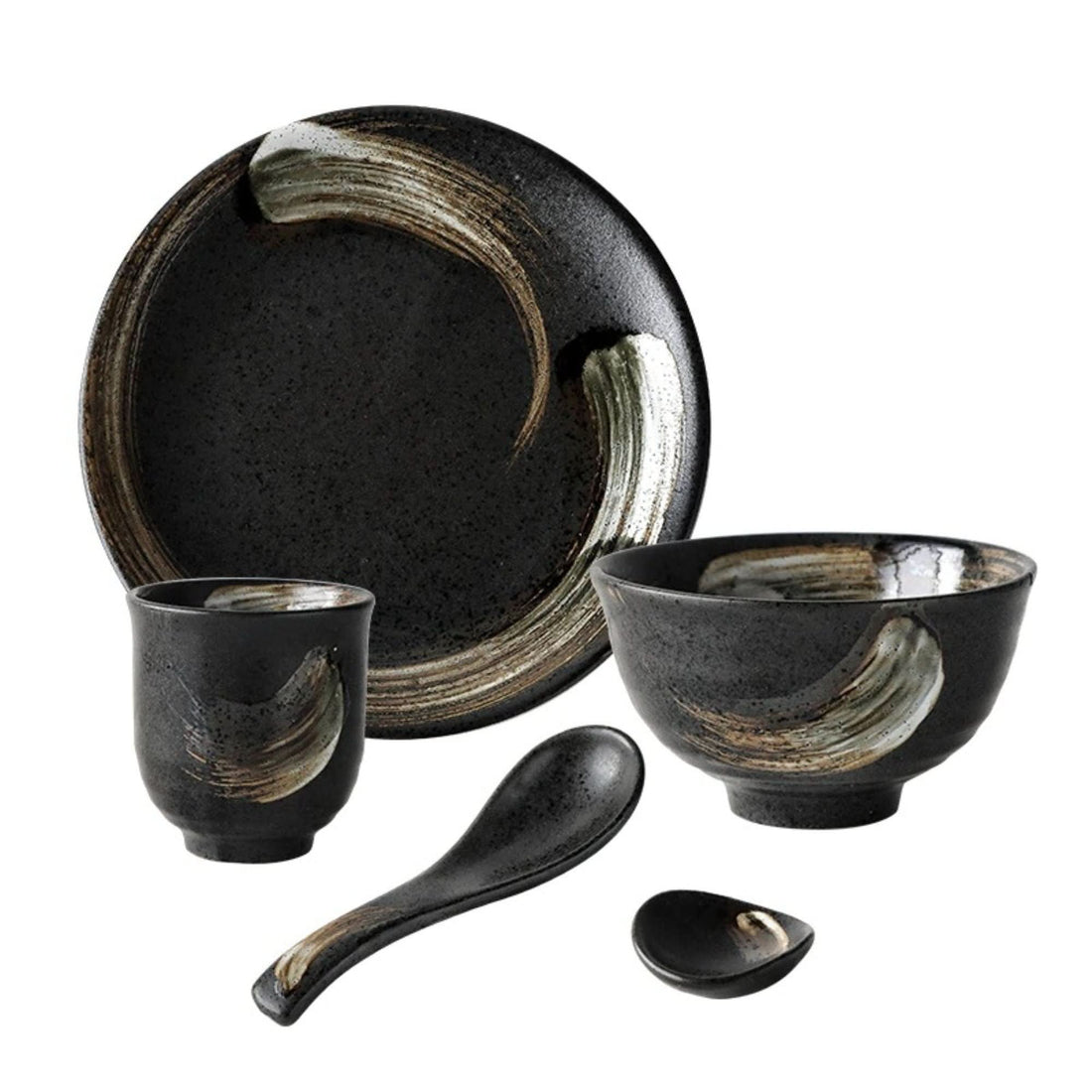 Black ceramic bowl set with free spoon, Japanese rustic design.