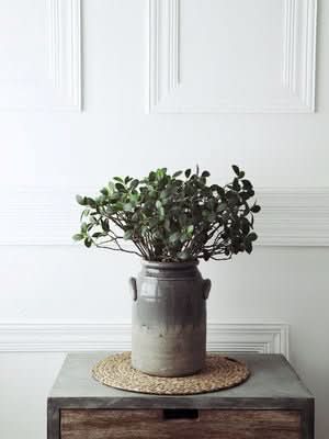Gray double-eared stoneware vase with green foliage on a woven mat.