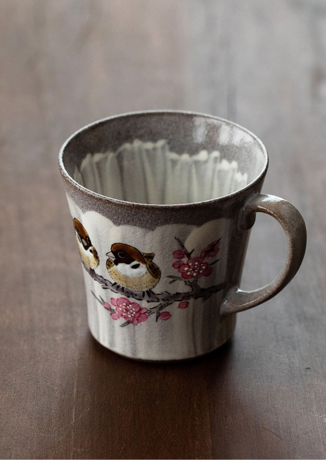 Hand-made mug with sakura and birds, glazed pottery, from Japan, 8oz.